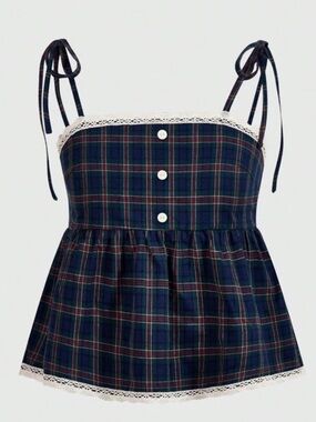 ROMWE Academia Plaid Lace Trim Cami Top Blue Tartan Size 
L Schoolgirl Aesthetic